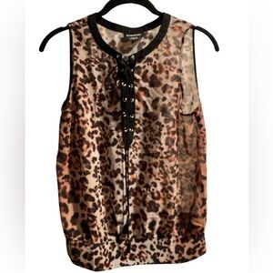 Express Animal Print Lace-Up Sleeveless Sheer Blouse with elastic back hem